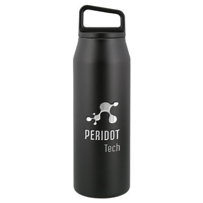 Stainless black powder bottle with engraved logo.
