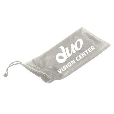 Microfiber gray sunglasses pouch with drawstring with branded logo.