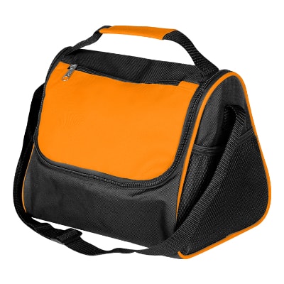 Blank orange polyester with PEVA lining triangle lunch bag.