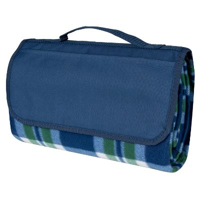 Light blue plaid role up fleece blanket with handle.