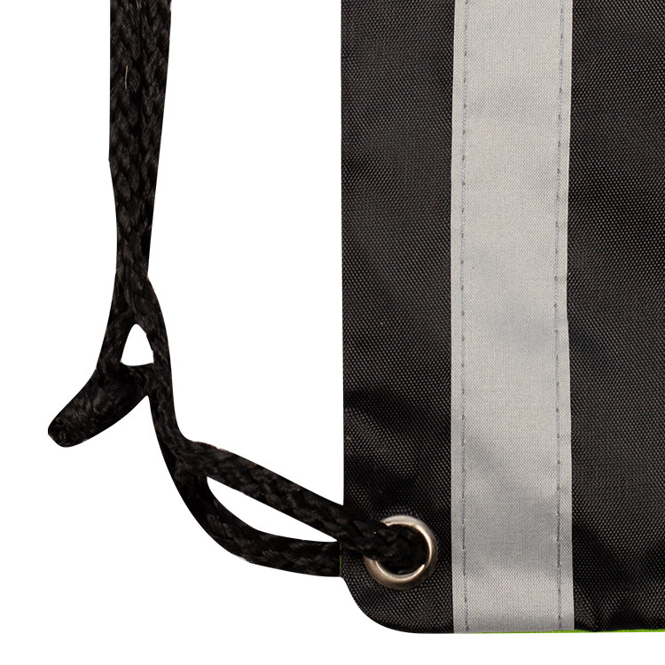 Polyester drawstring with reflective straps, top handle and reinforced corners.