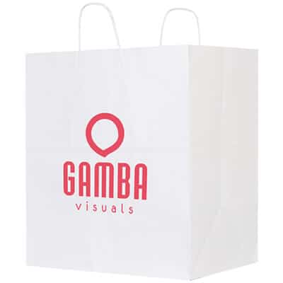 Paper white recyclable bag with custom imprinting.
