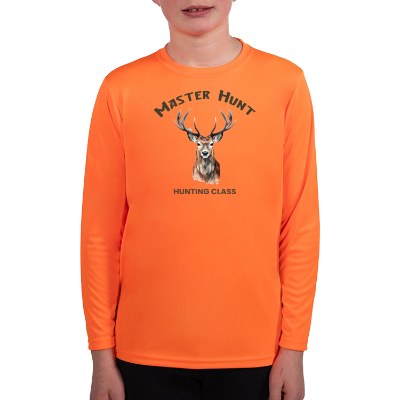 Persaonlized full color youth long sleeve safety orange tee.