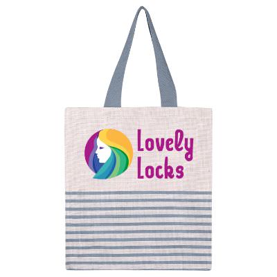 Natural jute poppy striped tote with imprinted full color logo.