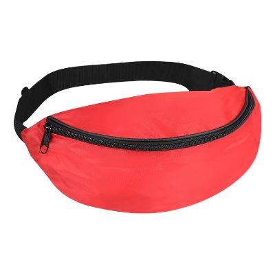 Blank red polyester fanny pack with adjustable waist strap.