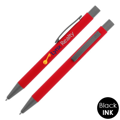 Red writing set with full color logo.