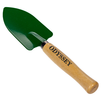 Green wooden customized hand shovel.