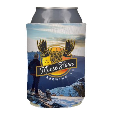 Foam black can cooler with custom full-color imprint.