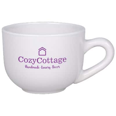Ceramic white coffee mug with c-handle and custom print in 15 ounces.