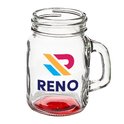 Red mason jar with full color logo.