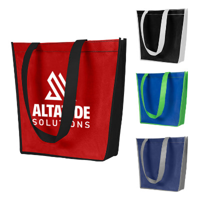 Polypropylene black and red trapeze tote with logo.