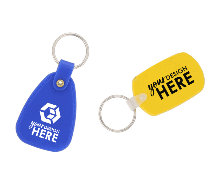Blue custom plastic key tags with white imprint and yellow custom key tags with black imprint