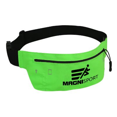 Lime green polyester zippered fanny pack with custom promo.