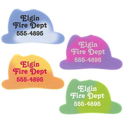 Fire helmet mood eraser with custom promotional logo.