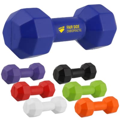 Foam blue dumbbell stress reliever with customized imprint.