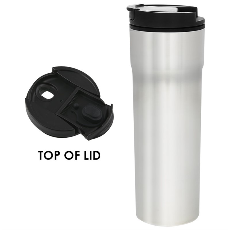 Stainless steel tumbler in 16 ounces.