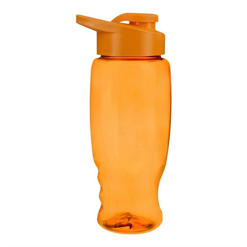 Plastic water bottle with snap lid in 27 ounces.