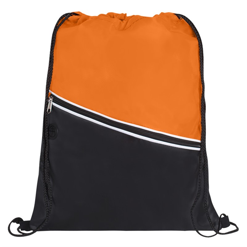 Blank polyester drawstring bag with front zippered pockets.