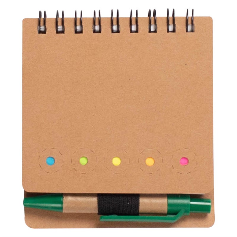Blank recycled craft paper mini spiral jotter with pen and sticky flags.