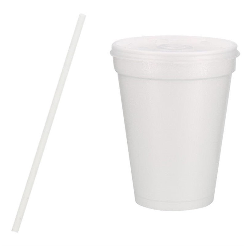 Styrofoam white foam cup with lid and straw in 14 ounces.