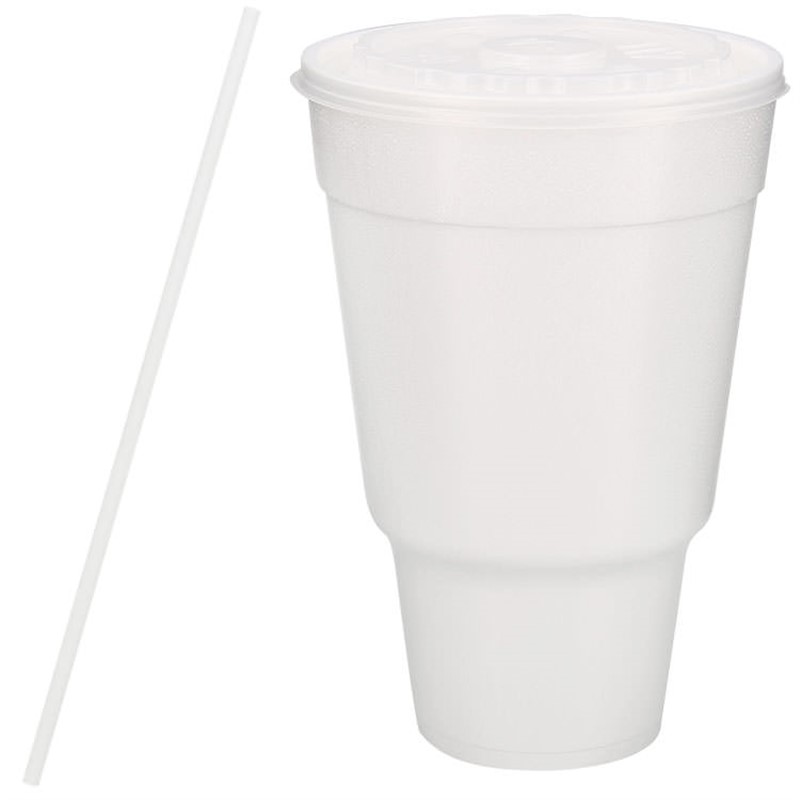 Styrofoam white traveler foam cup with lid and straw in 32 ounces.