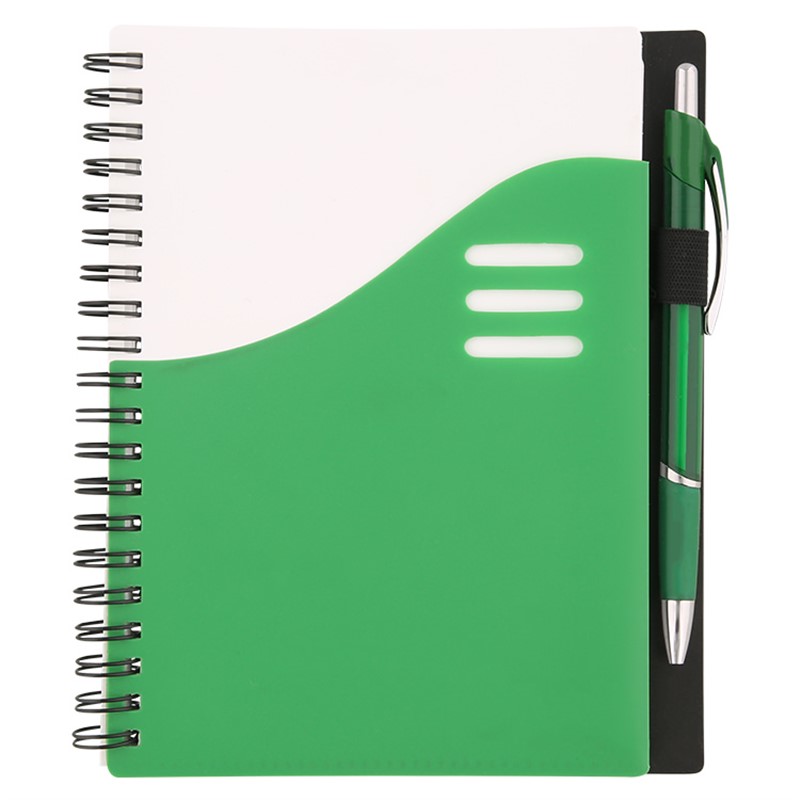 Notebook with front and inside pocket and pen.