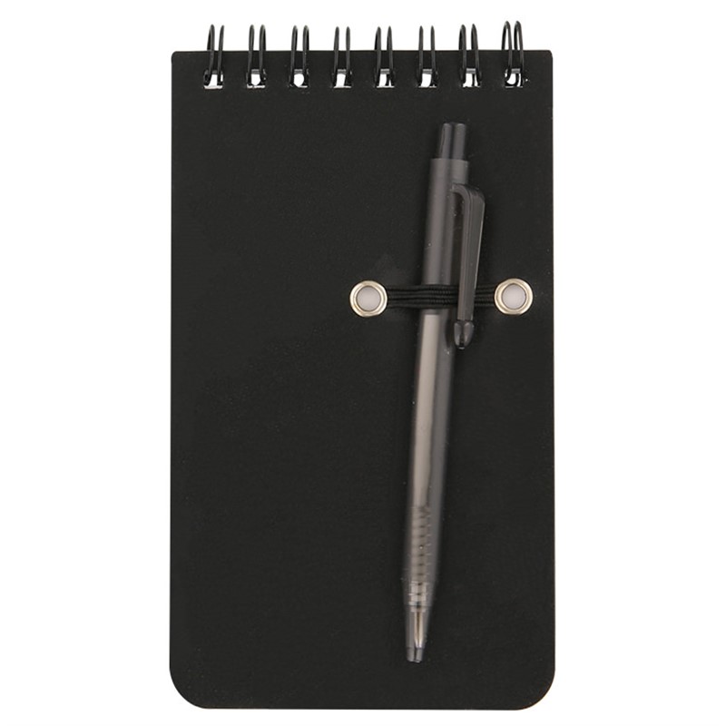 Plastic and paper pocket spiral jotter with pen.