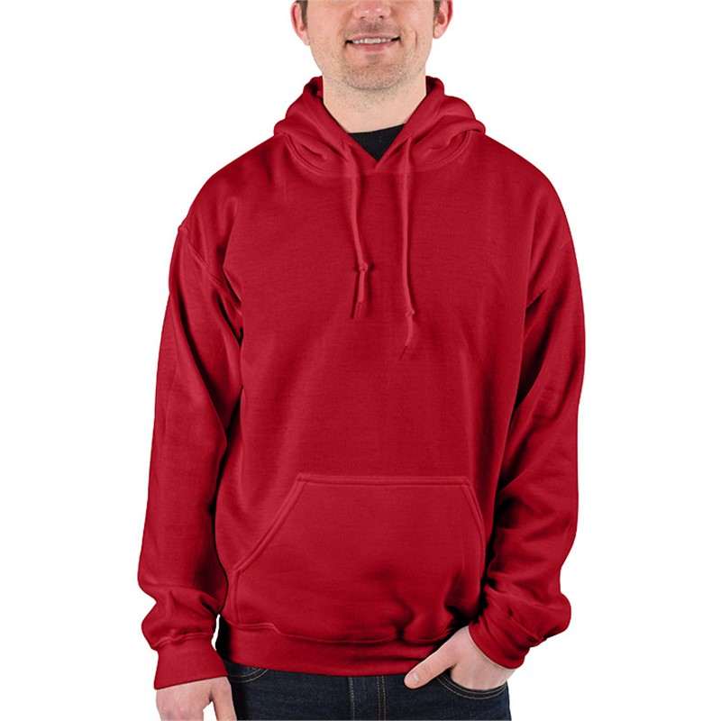 Customized cherry red hooded sweatshirt.