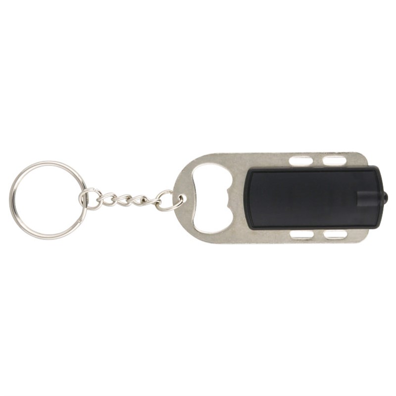 Plastic LED light keychain metal bottle opener.