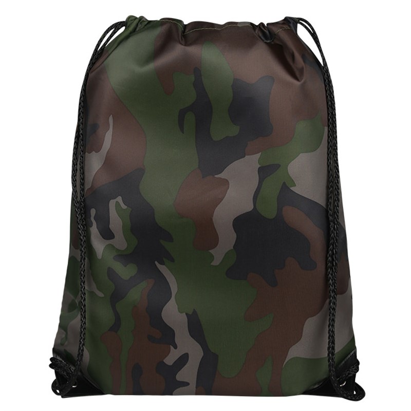 Camo polyester drawstring bag with custom imprint design.