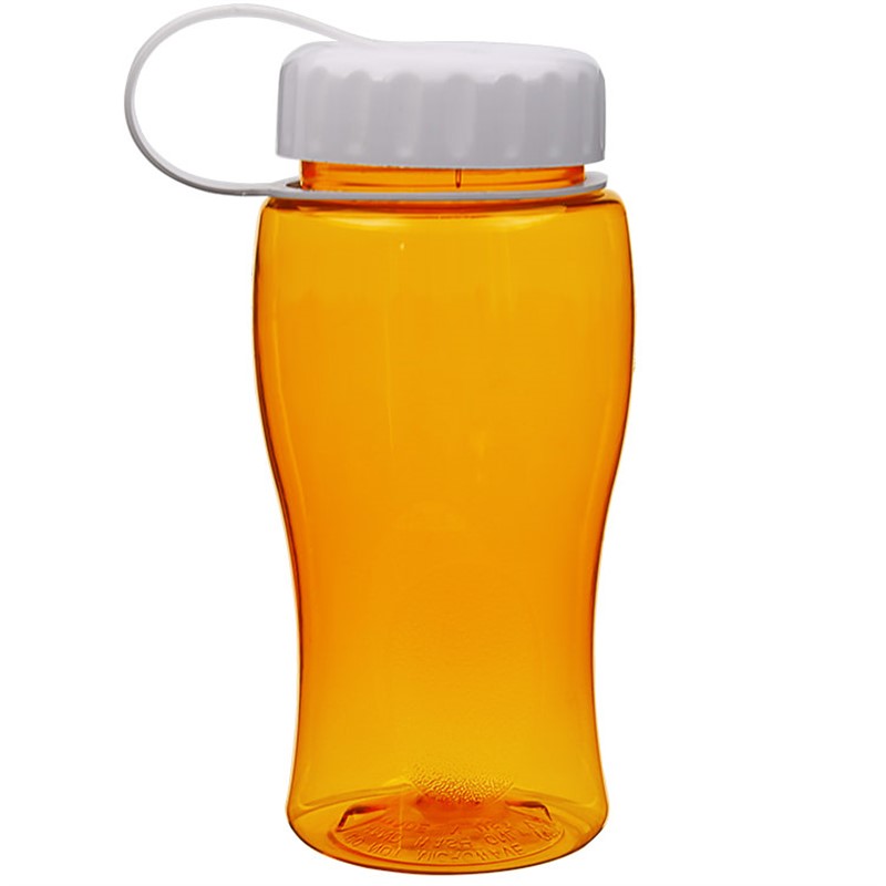 Poly-pure water bottle with tethered lid in 18 ounces.