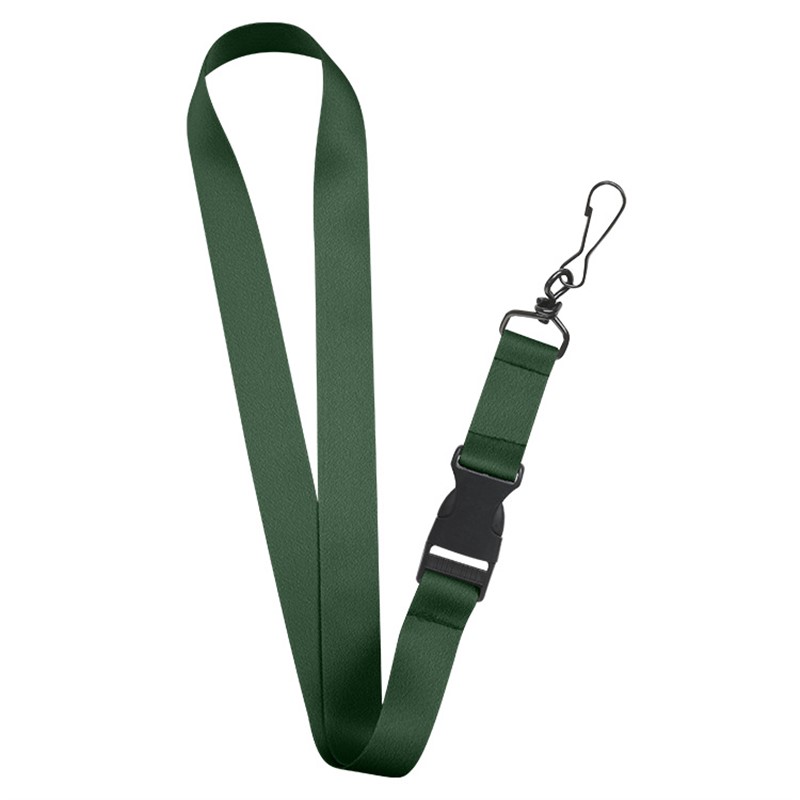 1 inch satin polyester lanyard with buckle release and black j-hook.