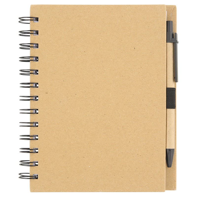 Cardboard notebook with recycled pen.