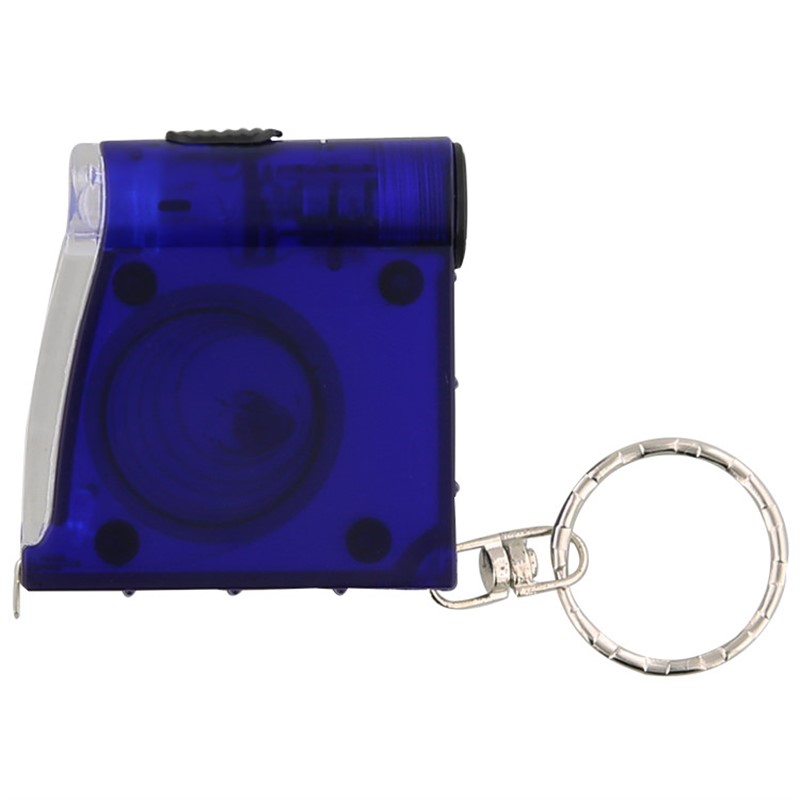Metal and plastic tape measure flashlight keychain.