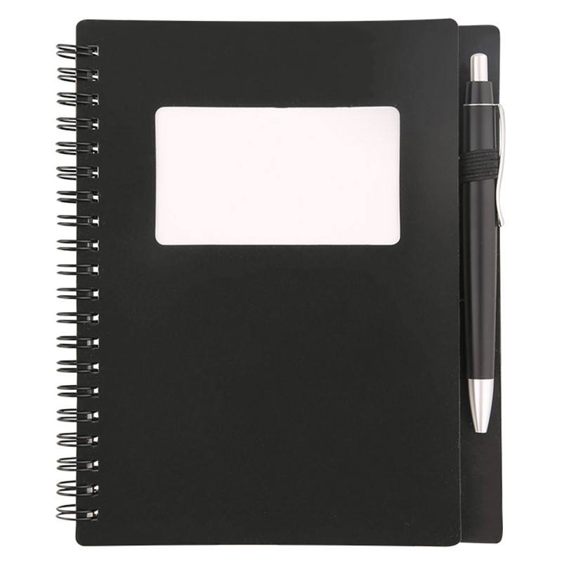 Blank notebook with window and pen.