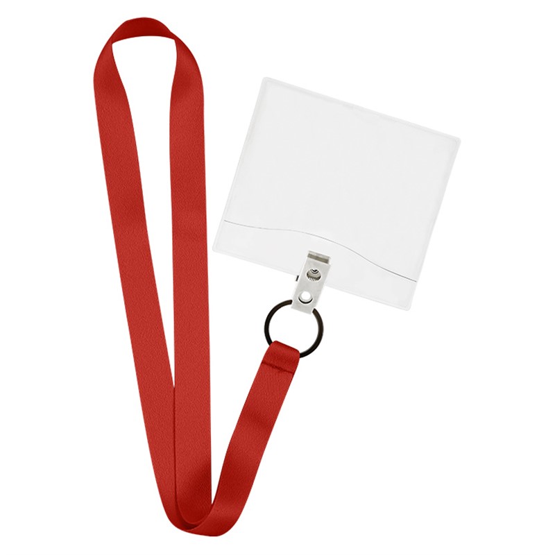 3/4 inch satin polyester lanyard with black key ring and horizontal ID holder.