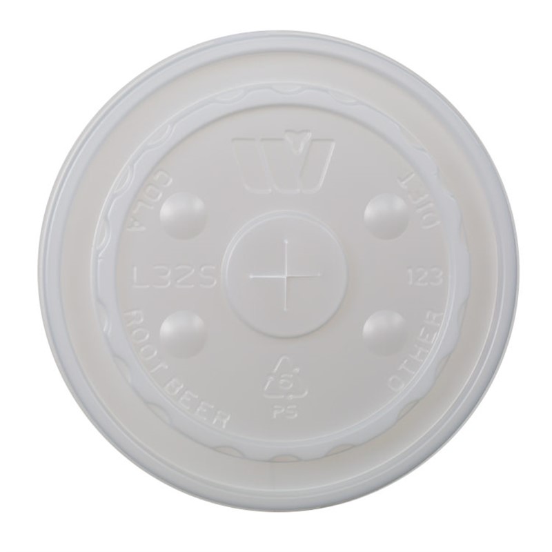 Translucent plastic lid with straw slot.