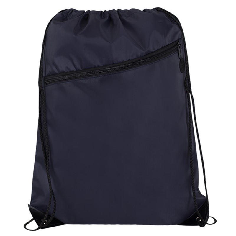 Polyester drawstring bag with zippered front pocket and reinforced corners.