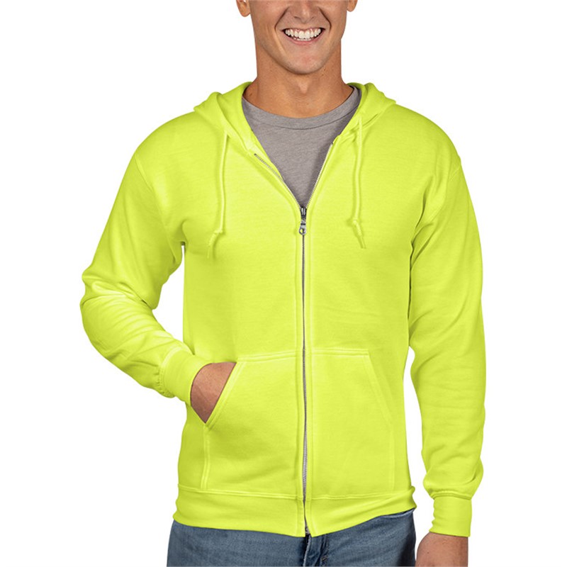 Safety color customized zip up hooded sweatshirt.