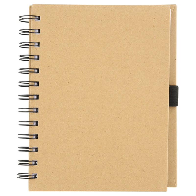 Recycled cardboard and paper notebook with elastic pen holder.