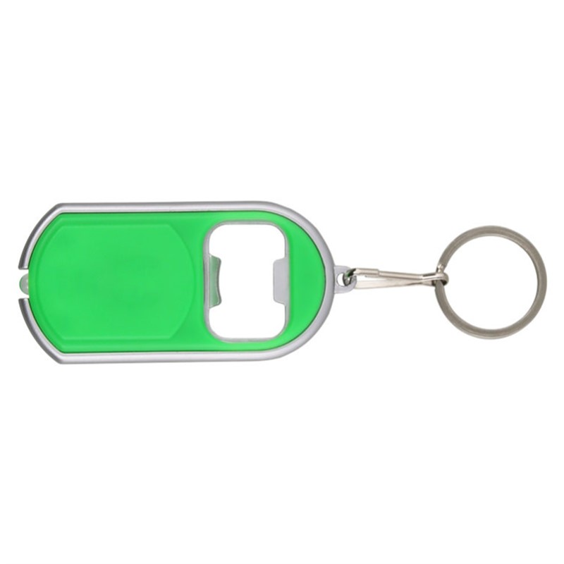 Plastic keychain light with metal bottle opener.