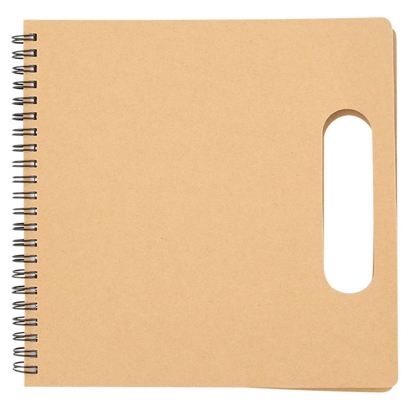 Handled cardboard notebook with sticky notes.