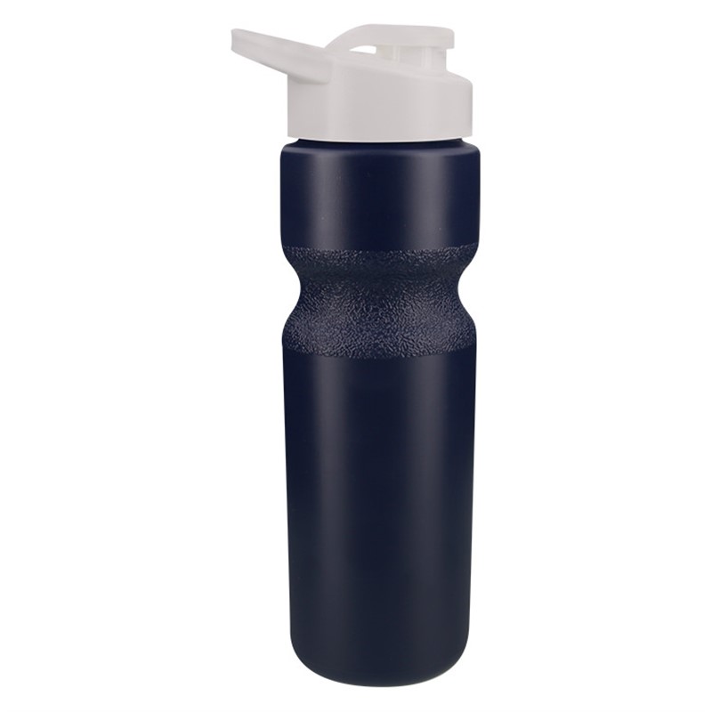 Plastic water bottle with snap lid in 28 ounces.