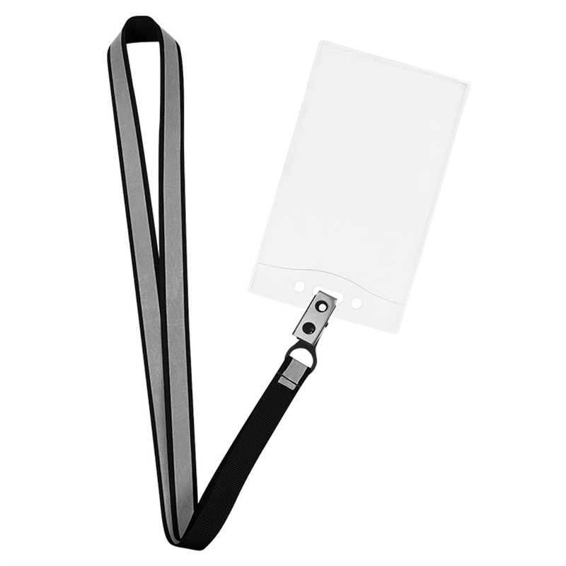 5/8 inch refective blank lanyard with fixed bulldog clip and event holder.