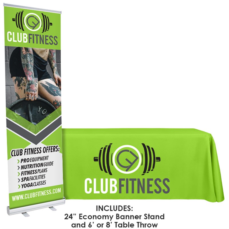 Polyester table cover and 24 inch banner stand trade show package.