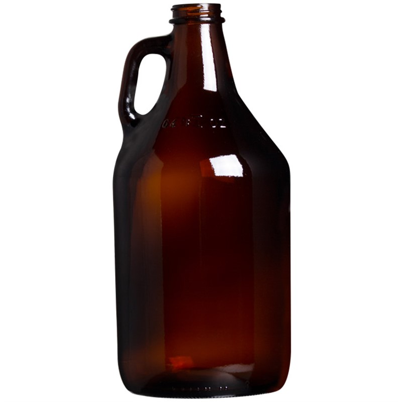 Glass amber brown growler in 64 ounces.
