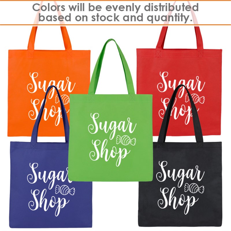 Polypropylene assorted color tote bags.
