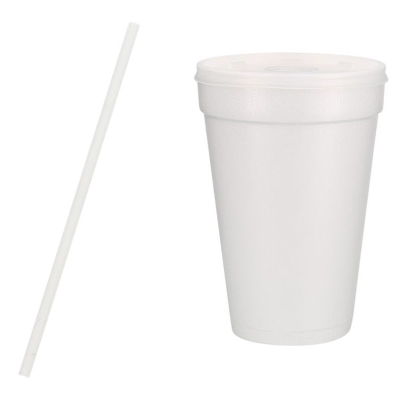 Styrofoam white foam cup with lid and straw in 16 ounces.