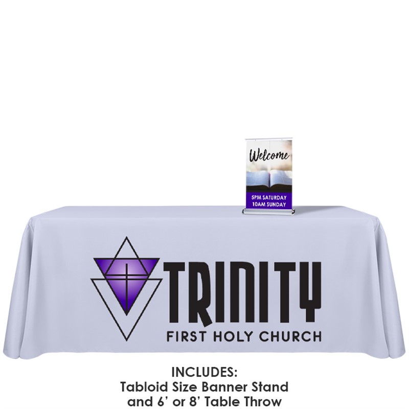 Polyester table cover with 13 inch table top banner stand trade show package.