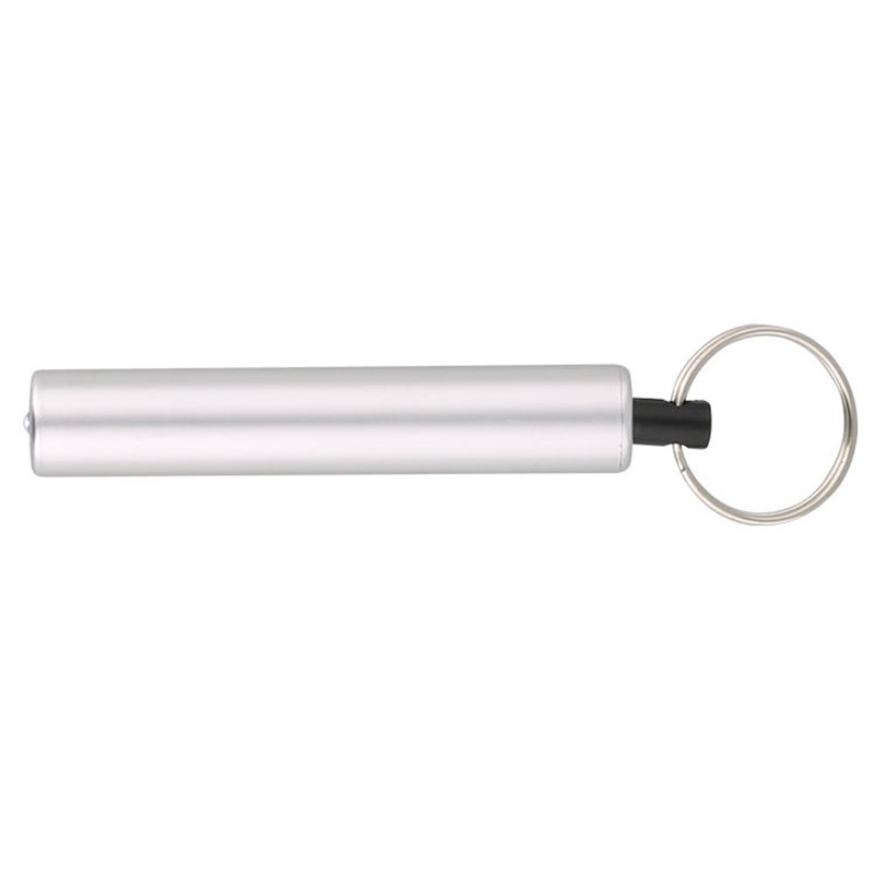 Plastic cylinder LED flashlight keychain.